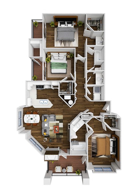 Floor plan for 3 beds, 2 baths, 1304 sqft